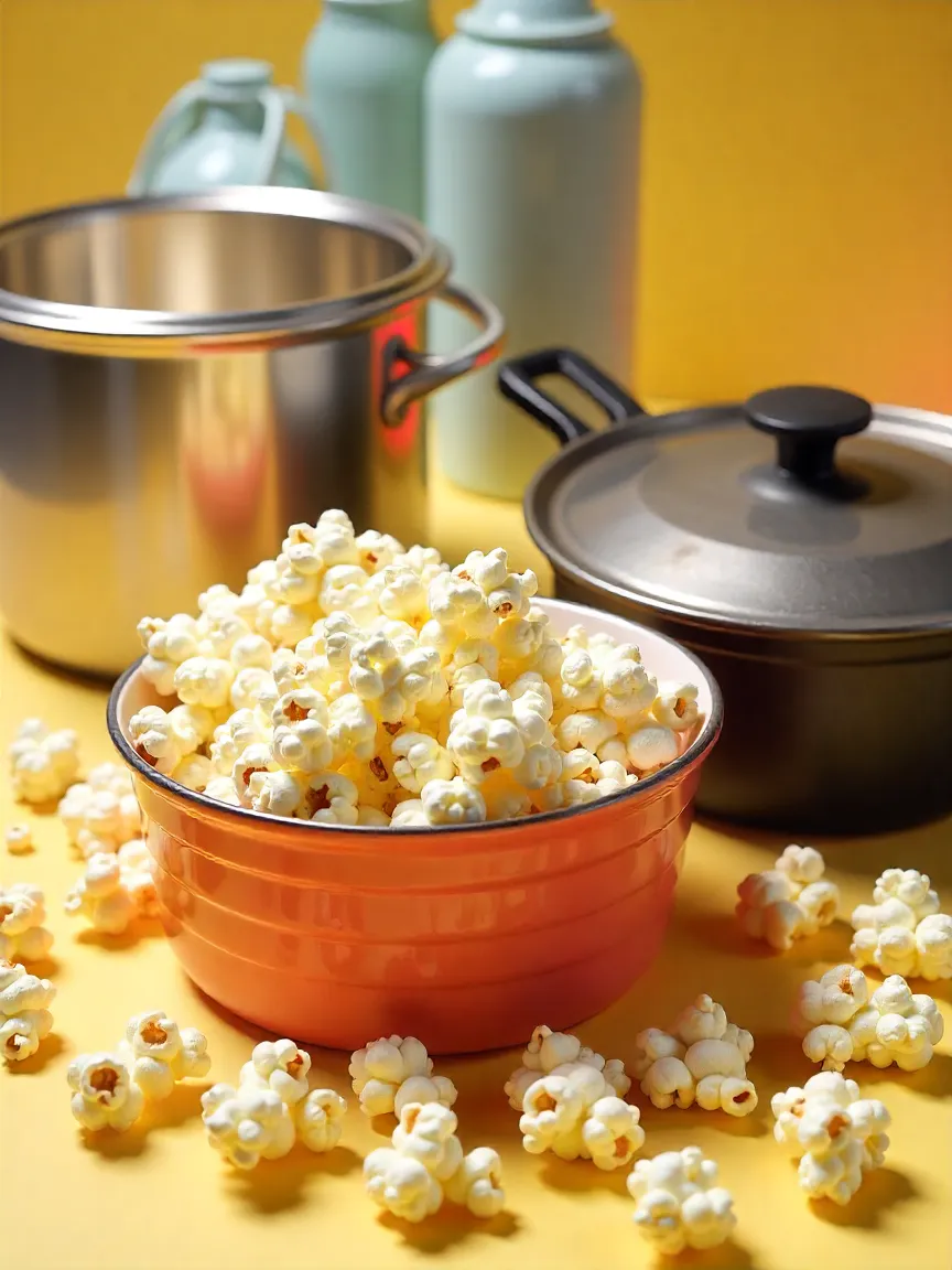 Collage of popcorn-making pots and a Whirley-Pop popper with freshly popped popcorn.