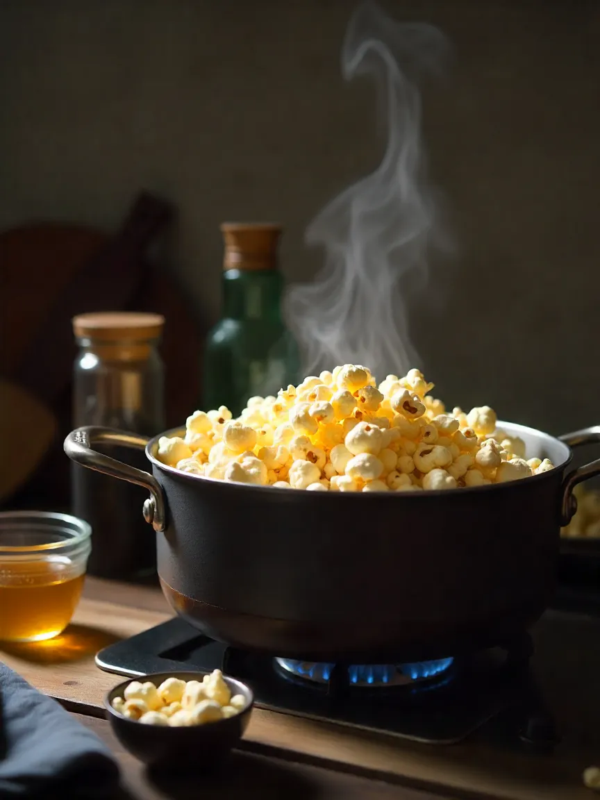 Stovetop popcorn popping in a pot with oil, kernels, and seasonings nearby.