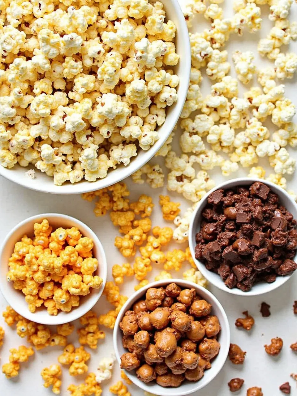 Collage of popcorn with sweet, salty, and savory toppings in bowls and scattered on a table.