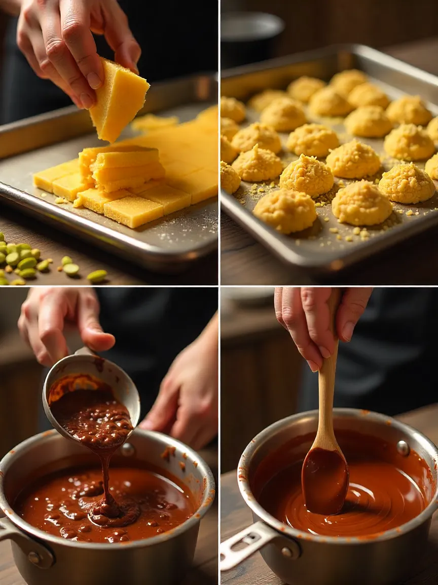 Collage showing toasting kataifi pastry and melting chocolate using microwave and double boiler methods for Dubai pistachio chocolate recipe.