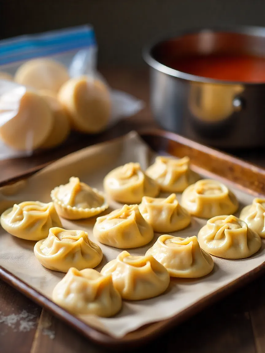 Collage of ricotta plum dumplings frozen, cooking from frozen, and reheating with butter.