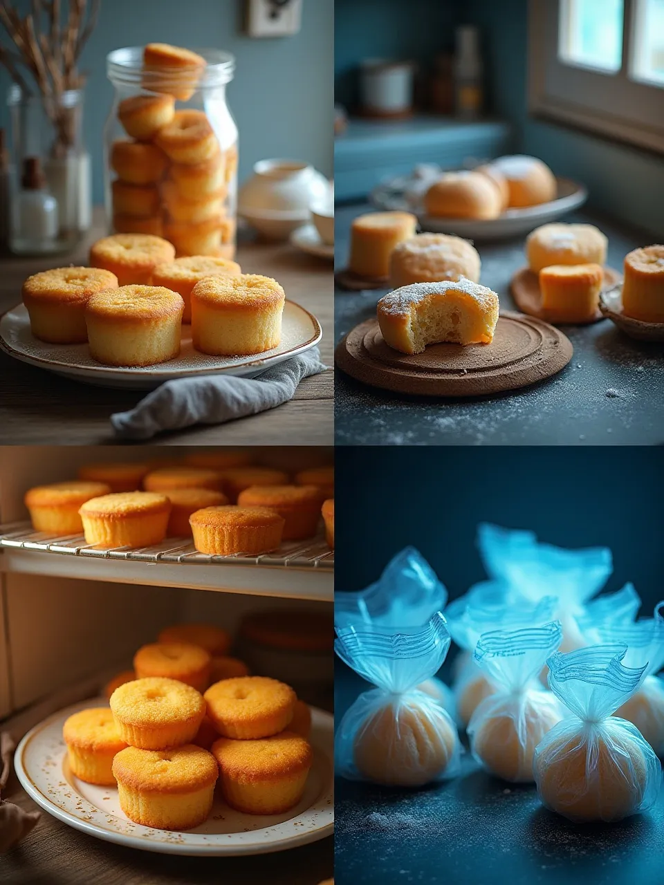 Collage showing mini sponge cakes stored at room temperature, in the fridge, and in the freezer — each method keeping the cakes soft and fresh.