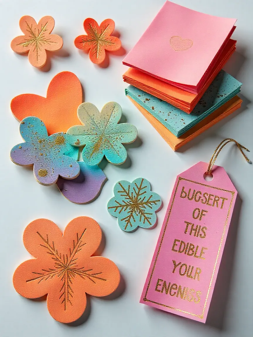 Edible paper stored properly and decorated: rainbow layers, themed shapes, glitter, and edible bookmarks.