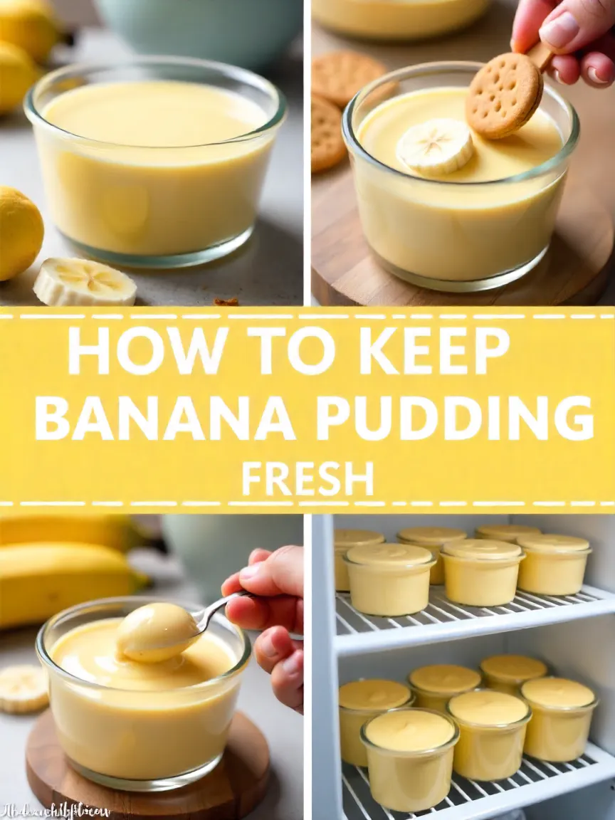 Collage of banana pudding storage tips: covered dish, lemon on bananas, separate containers, fridge storage.