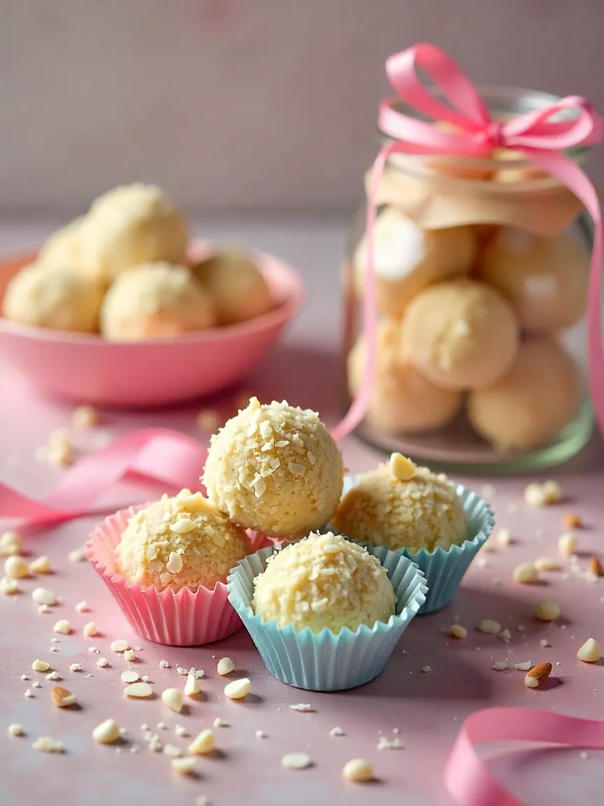 Coconut-almond truffles displayed in paper cups and glass jars with ribbons, ready for gifting or parties.