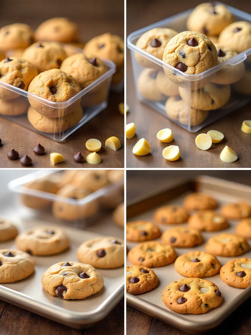 Chocolate chip cookies in containers, frozen cookie dough balls on a tray, individually wrapped baked cookies, illustrating storage and freezing methods.