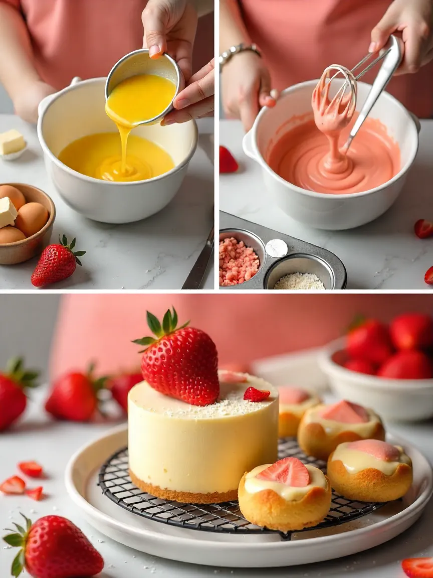 Step-by-step baking a strawberry bento cake with ingredients and mini pan on a bright kitchen counter.
