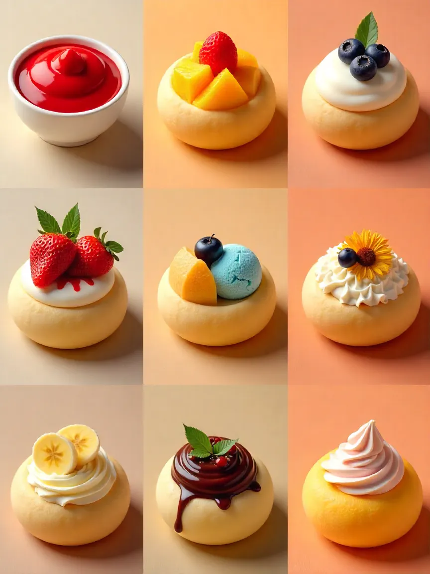 Collage of mochi fillings including red bean paste, strawberries, mango, blueberry compote, cream cheese with peach, ice cream, chocolate ganache, Nutella, and custard
