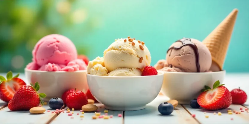 Assorted homemade ice cream scoops with toppings on a bright summer background.