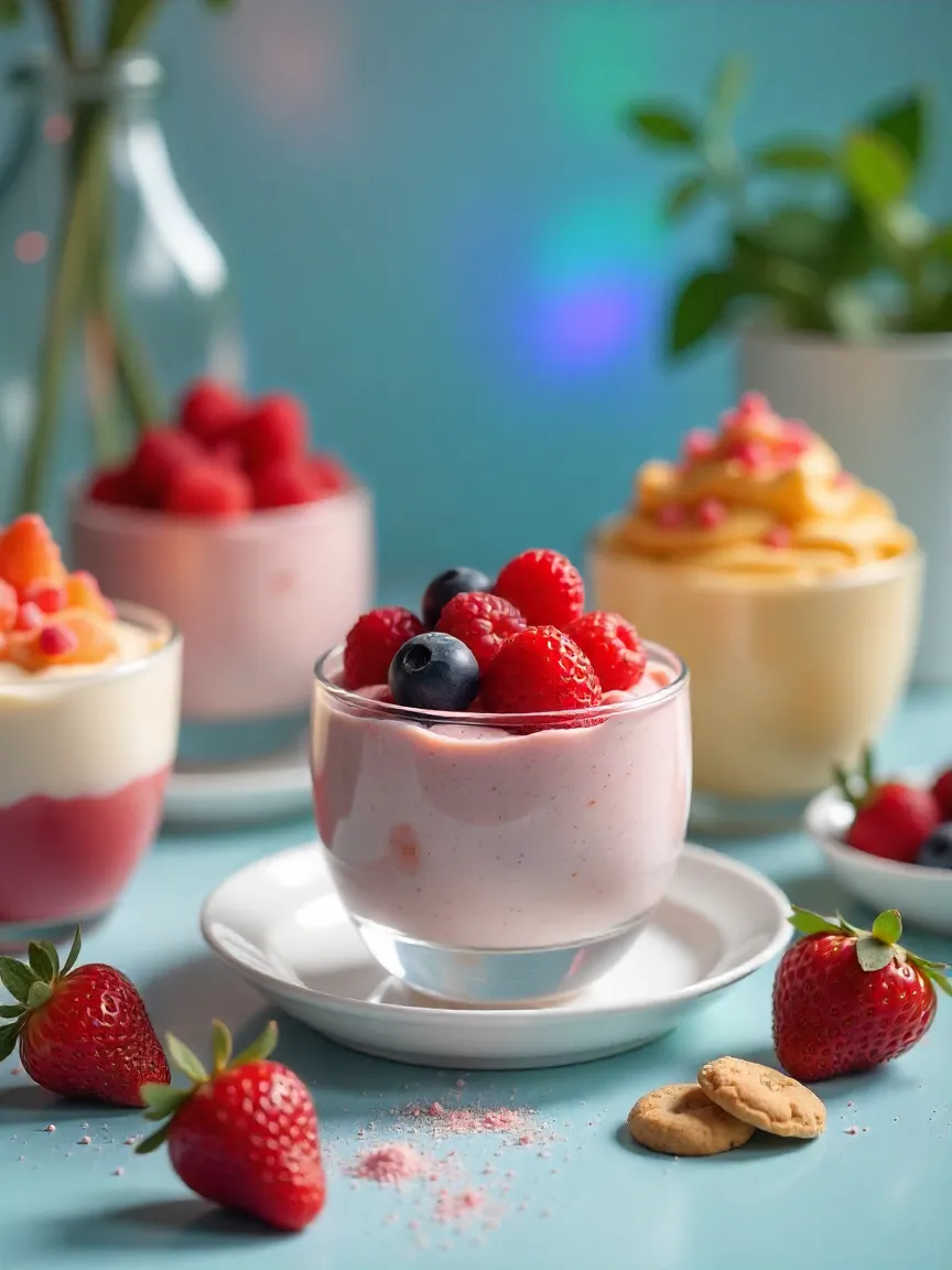 Assorted low-calorie desserts on a cozy table, including fruit mousses, vegan popsicles, and chia pudding.