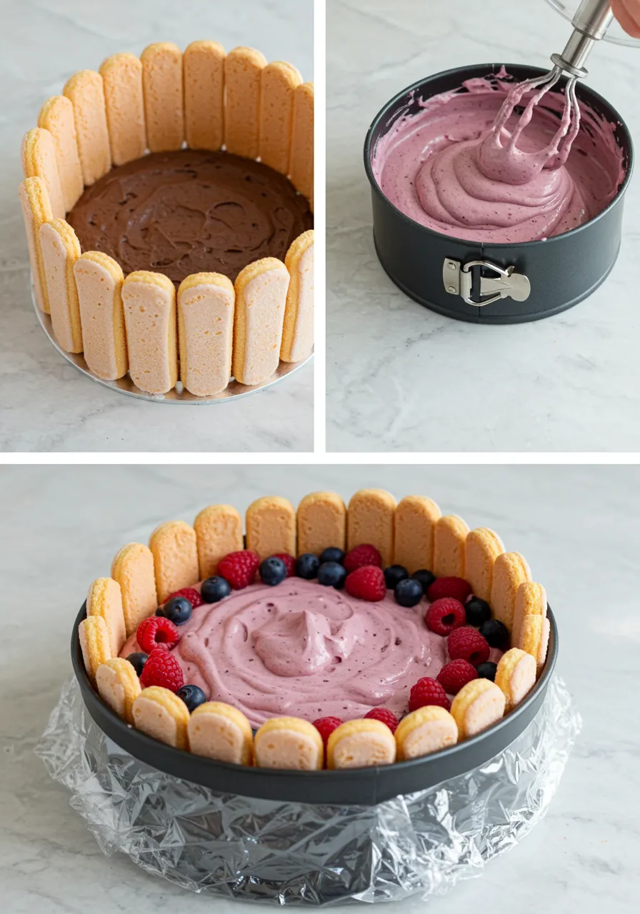 Step-by-step collage of making Charlotte cake: arranging ladyfingers, folding mousse, layering ingredients, and chilling the cake.