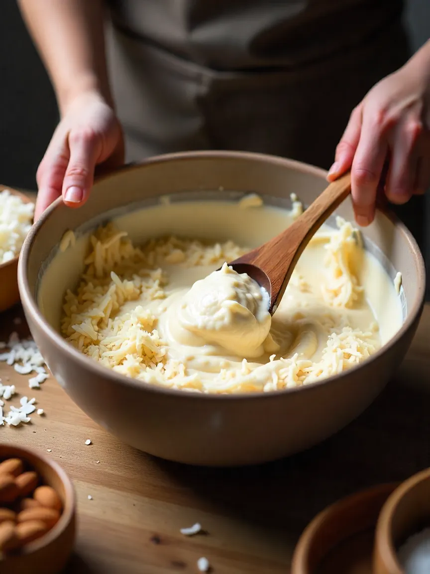 Mixing bowl with shredded coconut and condensed milk being stirred, showing hands folding the ingredients for coconut-almond truffles.