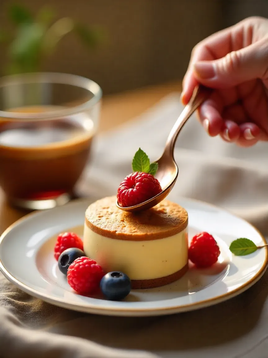 Small coffee dessert with fresh berries and coffee cup, capturing a moment of mindful indulgence.