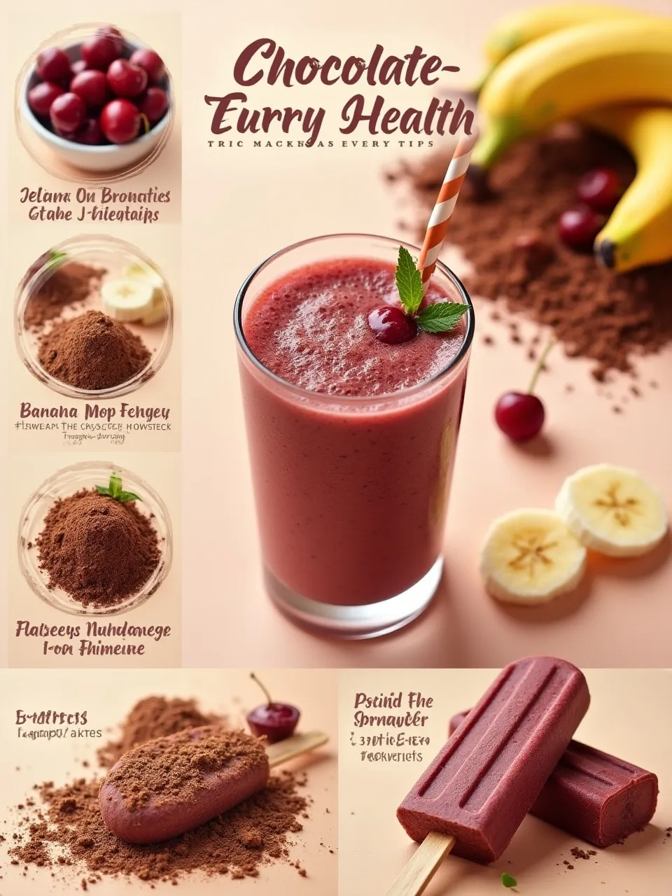 Chocolate-cherry smoothie ingredients and tips highlighting health benefits and garnishes.