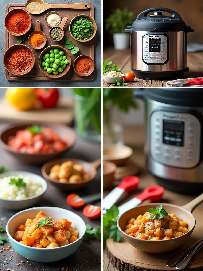 Collage of spices, chopped vegetables, marinated proteins, and a pressure cooker for easy meal prep.