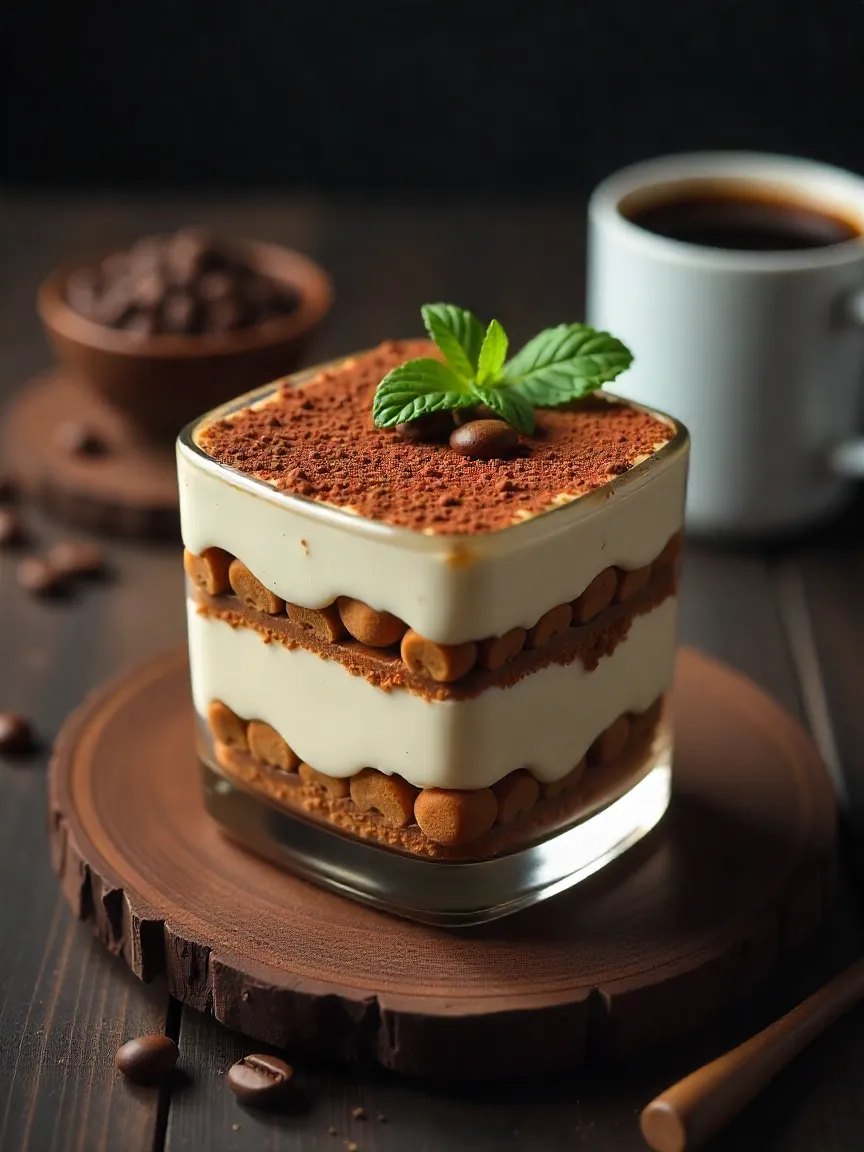 Layered tiramisu with cocoa dusting, coffee beans, and espresso on a wooden table, capturing the classic Italian dessert vibe.
