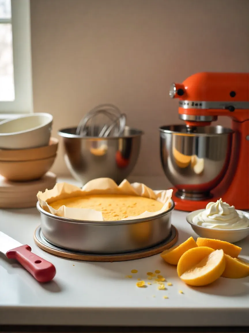 Baking tools for Charlotte cake: springform pan, electric mixer, mixing bowls, rubber spatula, and sharp knife with sliced fruit and ladyfingers.