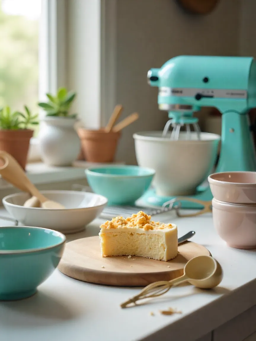 Baking tools for bento cakes: bowls, mixer, small pans, spatula, cooling rack, and piping bags on a bright kitchen counter.