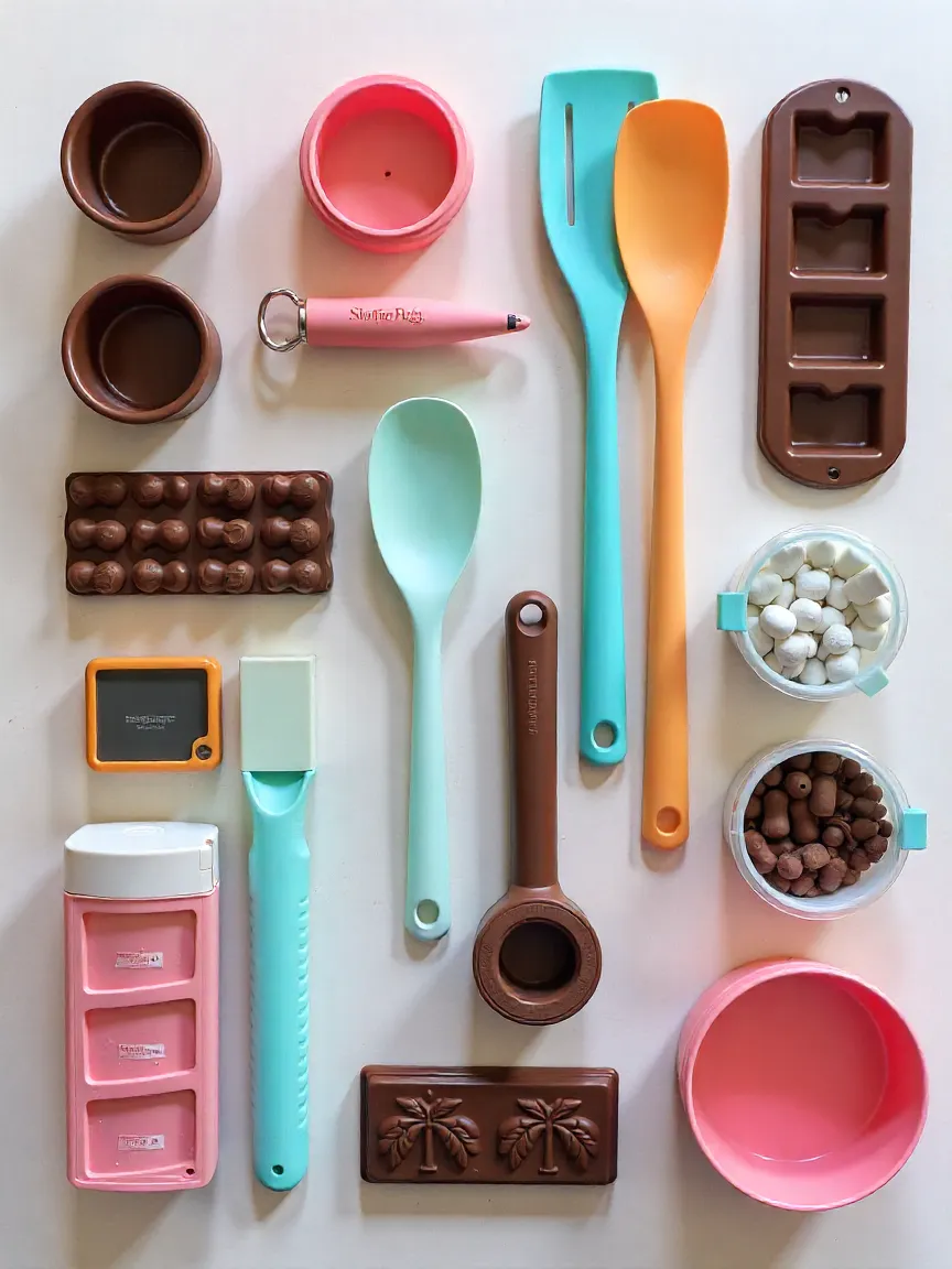Collage of chocolate-making tools: double boiler, thermometer, spatulas, molds, and storage containers.