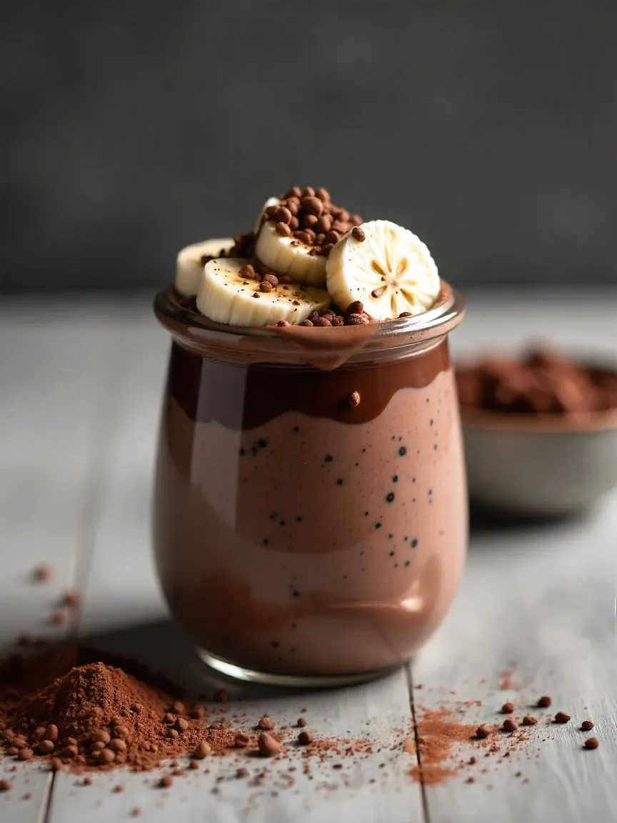 Triple chocolate chia pudding in a glass jar, topped with banana slices and cacao nibs.