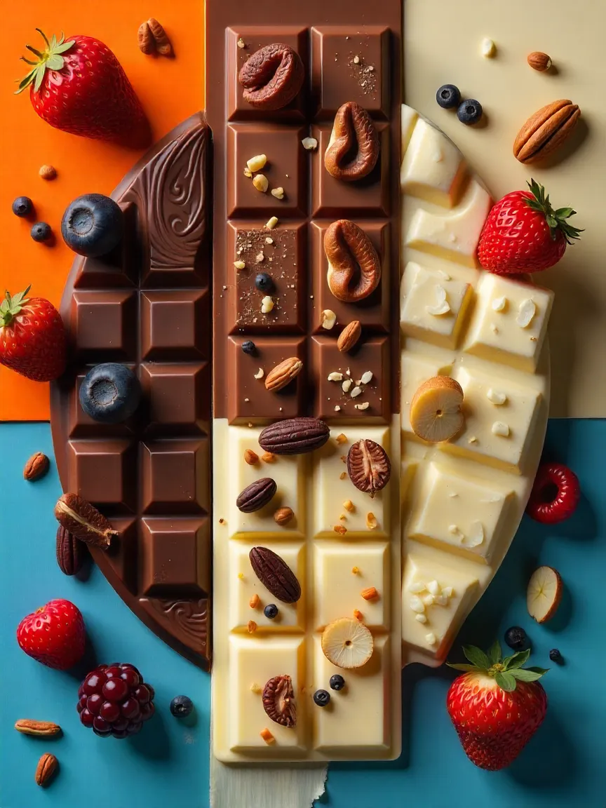 Collage of dark, milk, and white chocolate with toppings and marbled swirls, showing different chocolate personalities.