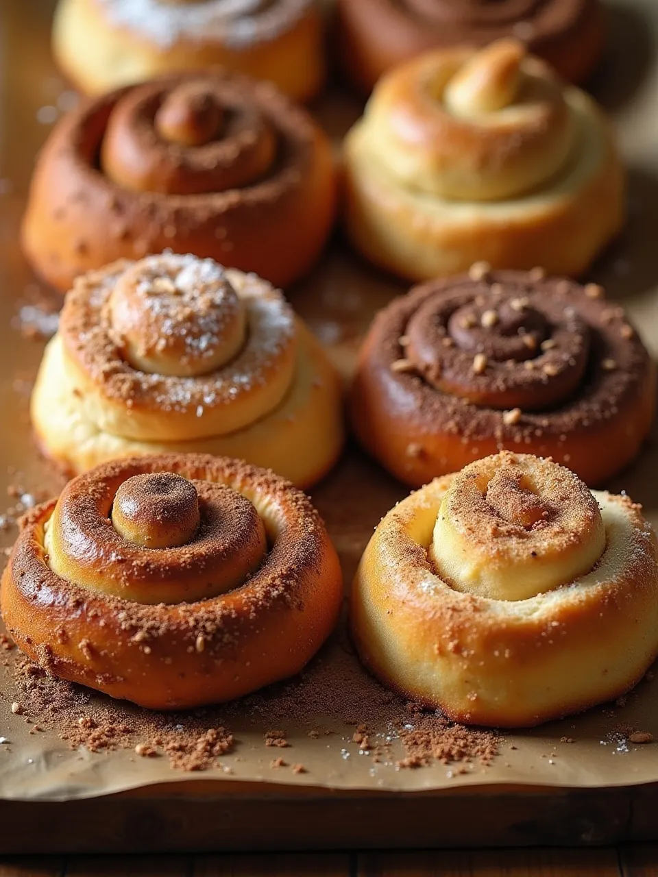 Various cinnamon roll flavors: classic, apple, chocolate, spiced, and savory.