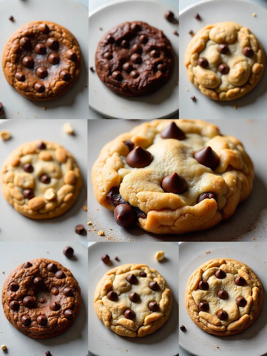 Assortment of chocolate chip cookies with different flavors and ingredients, including chocolate chunks, oats, peanut butter, spices, and nuts, arranged in a colorful collage.