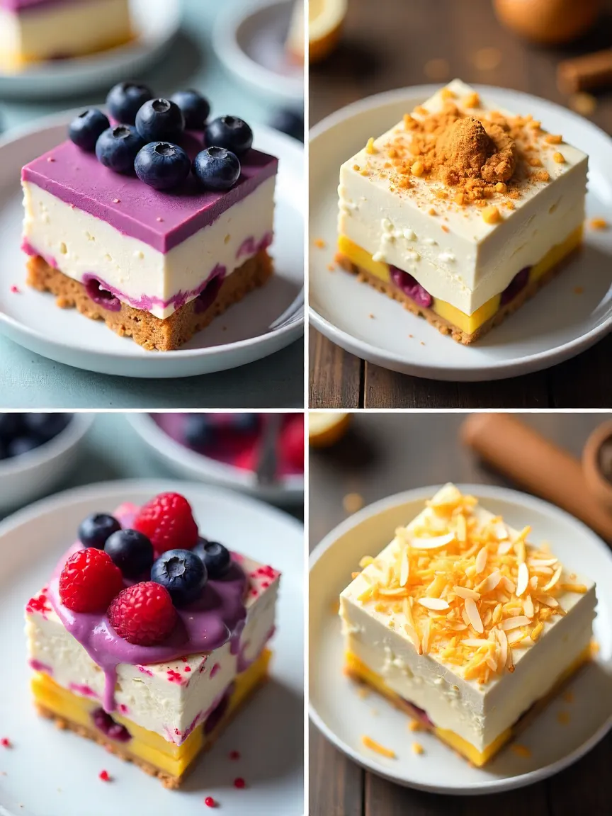 Collage of corn tiramisu variations with blueberry sauce, cinnamon and nutmeg, and coconut toppings, styled in individual servings with colorful, creative flair.