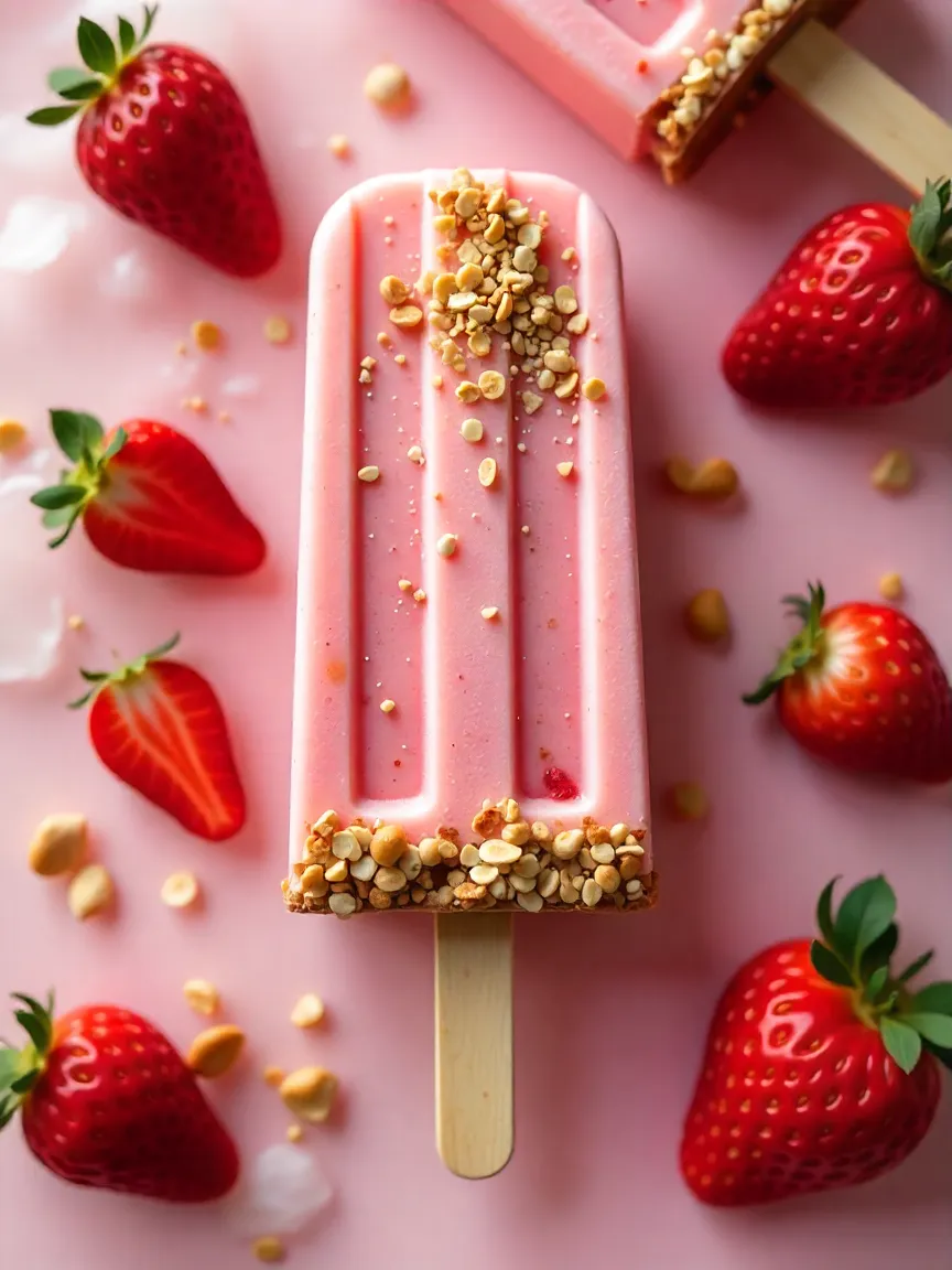 Vegan strawberry cheesecake popsicles with fresh strawberries, nuts, and chocolate drizzle on a summery background.