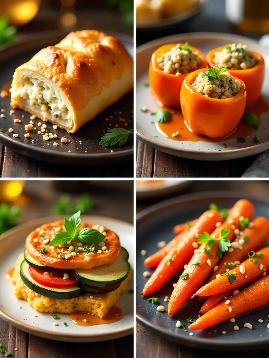Romantic vegetarian dinner collage: mushroom wellington, stuffed peppers, vegetable gratin, and roasted vegetables with nuts.