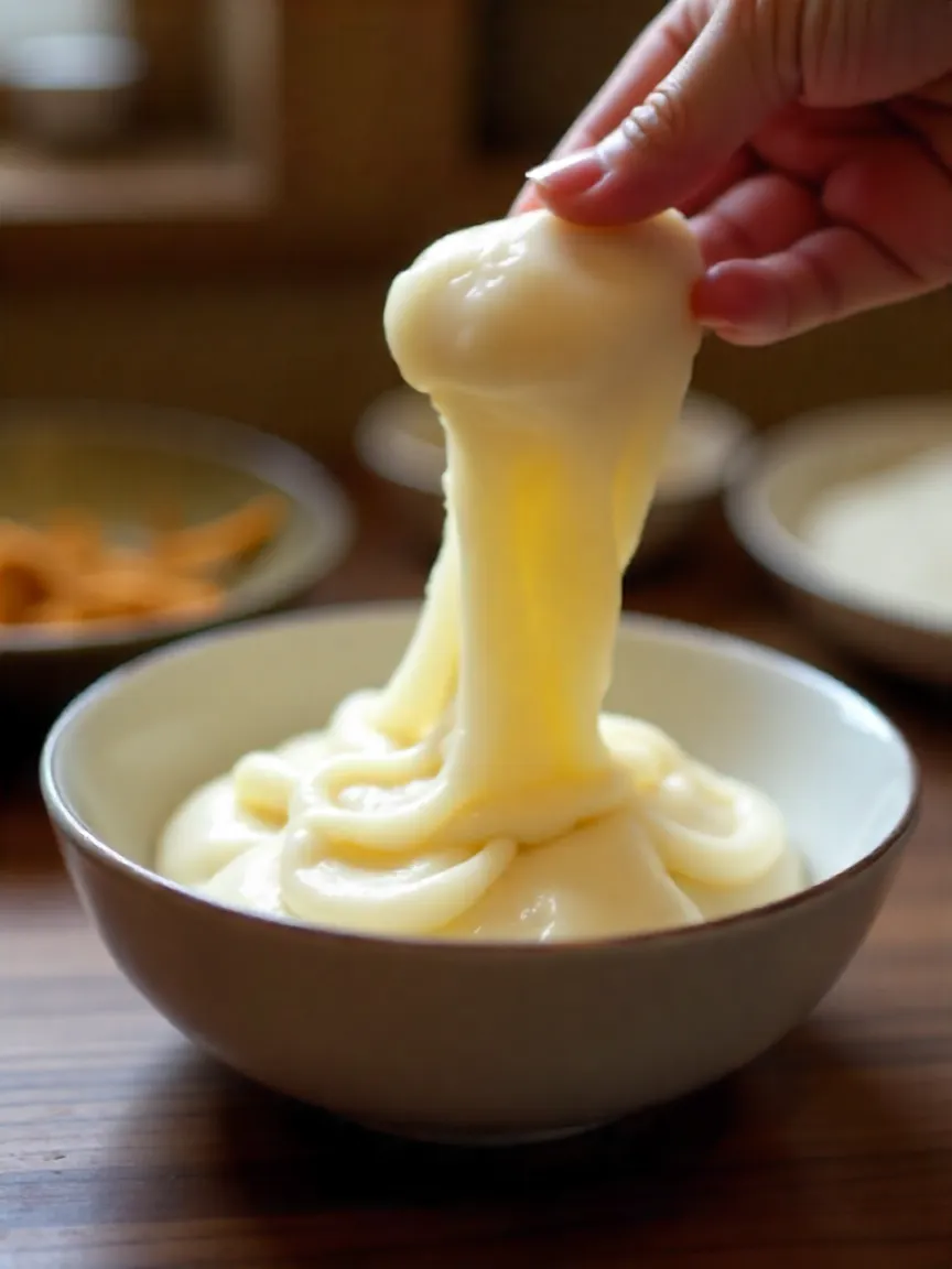 Homemade soft mochi dough in a bowl with basic ingredients