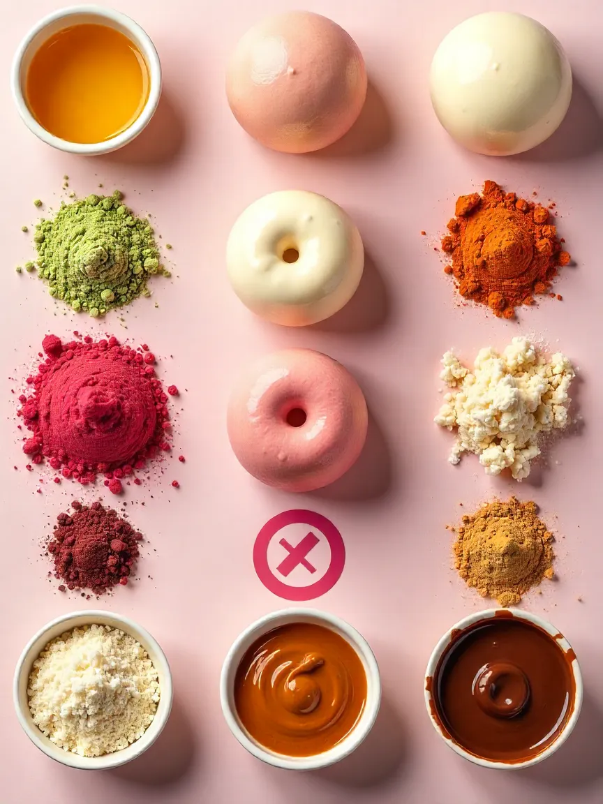 Collage of mochi ingredient substitutions: honey, maple syrup, coconut milk, matcha powder, nut butters, strawberries, chocolate ganache, and a no symbol over regular rice flour