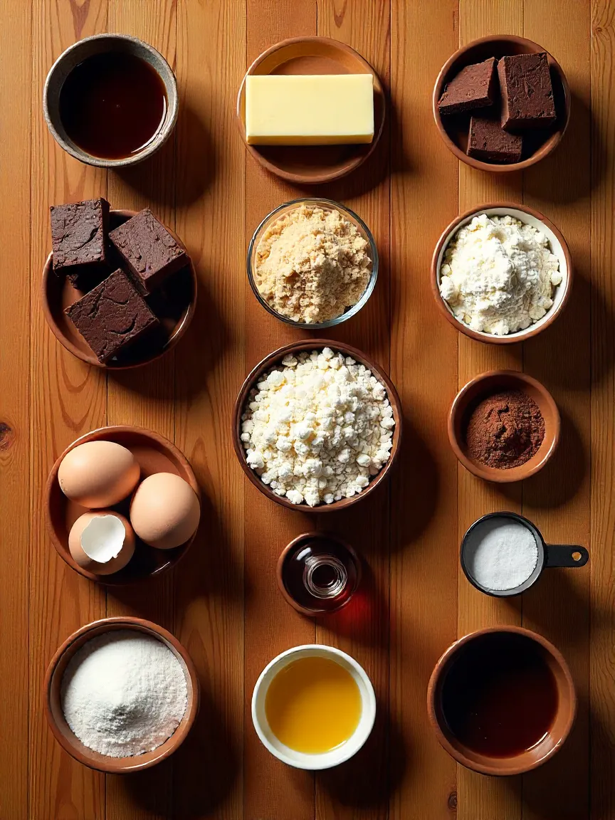 Collage of ingredients for brownie cookies including chocolate, butter, sugars, eggs, flour, cocoa powder, vanilla, salt, and baking powder.