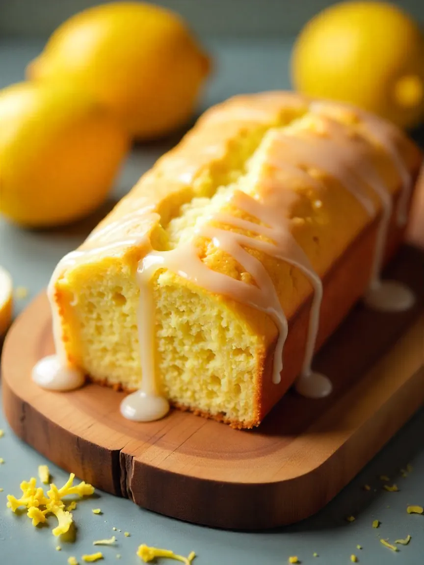 Zesty lemon drizzle loaf with glossy lemon glaze on wooden board, surrounded by fresh lemons and lemon zest, highlighting a bright, fresh dessert.