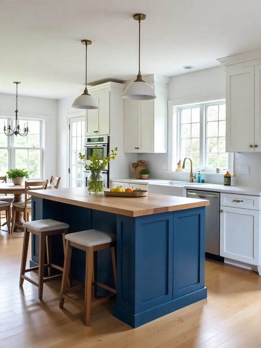 Modern kitchen with a navy blue kitchen island, butcher block countertop, and pendant lights, providing extra space and style.