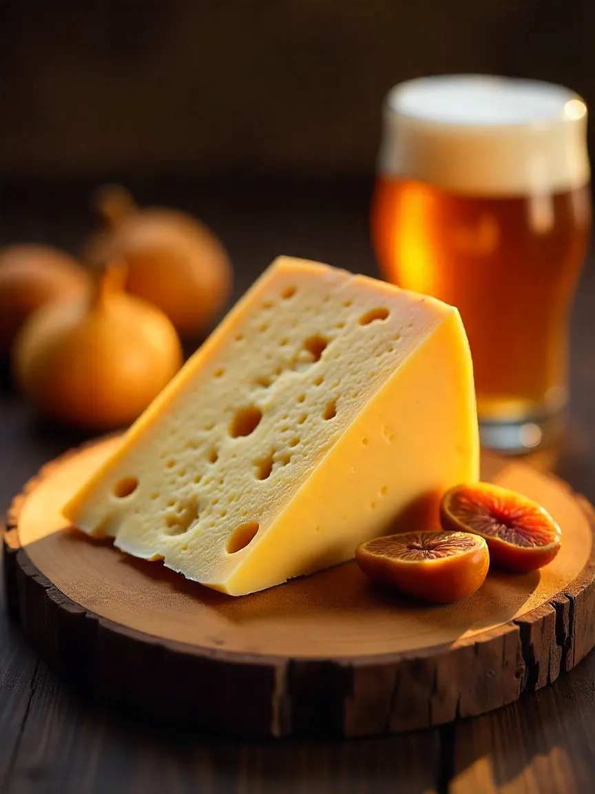 Wedge of aged goat Gouda with bone-white interior, served with figs, caramel, and amber beer on a rustic board.