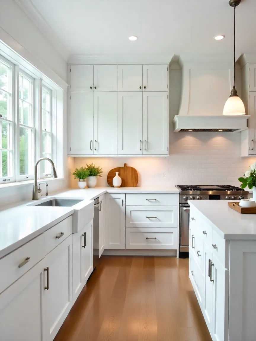 Elegant white kitchen with quartz countertops, subway tile backsplash, and warm wood accents, creating a bright and timeless design.