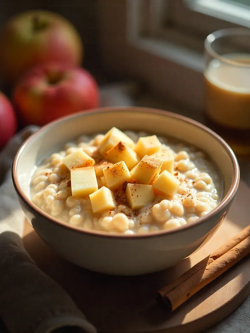 Bowl of apple cinnamon oatmeal topped with fresh apple pieces and cinnamon, a warm and healthy breakfast option for weight loss.