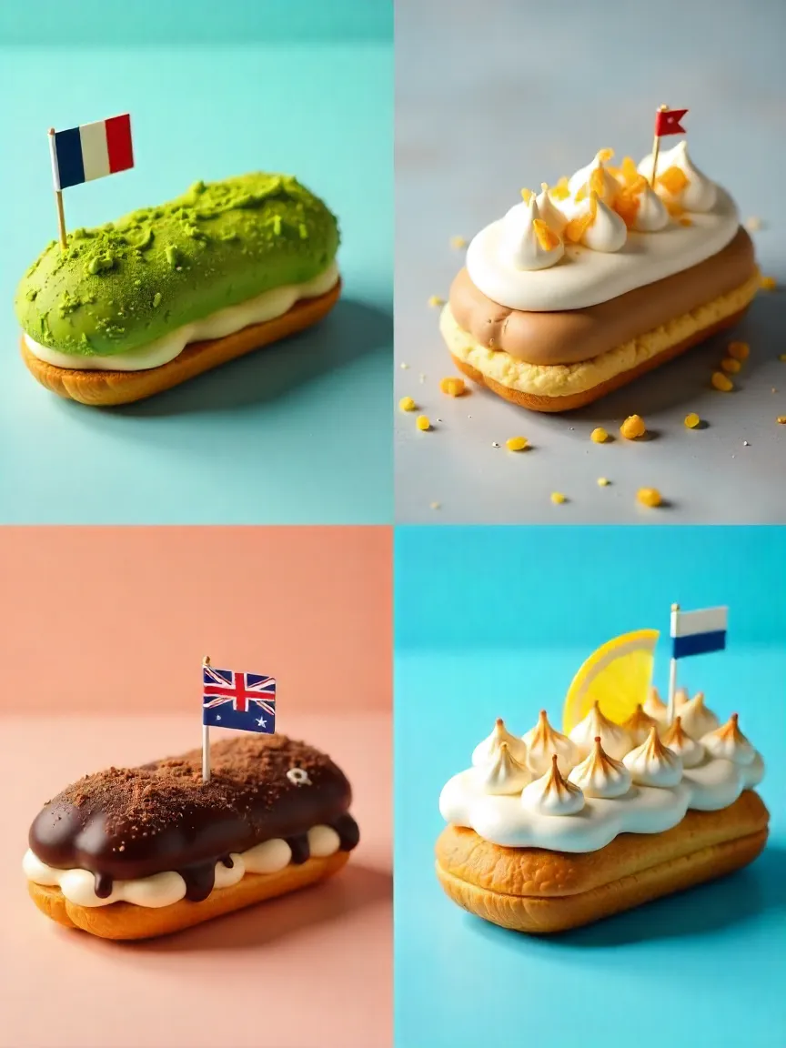 Collage of éclairs from Japan, Italy, Australia, and France, each with their country’s flag and unique flavors.