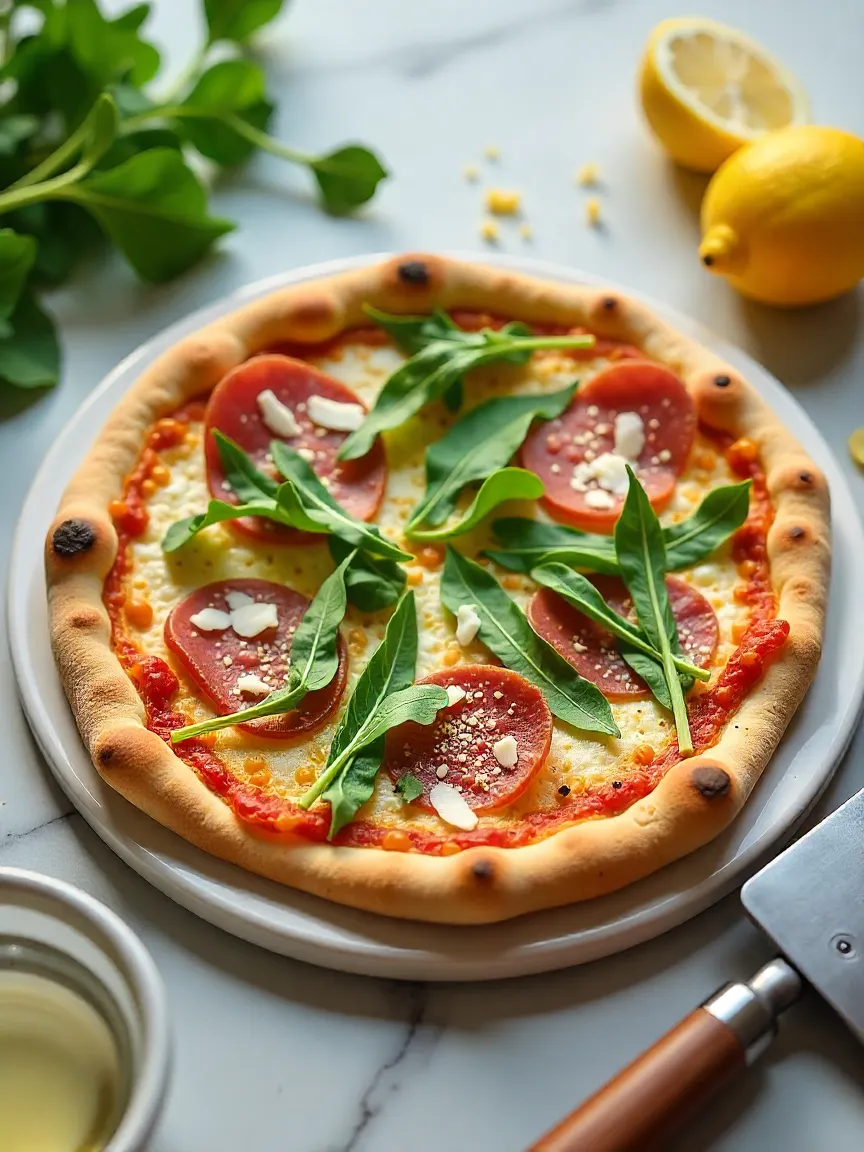 Thin-crust pizza with ricotta, arugula, prosciutto, and shaved Parmesan on a marble background.
