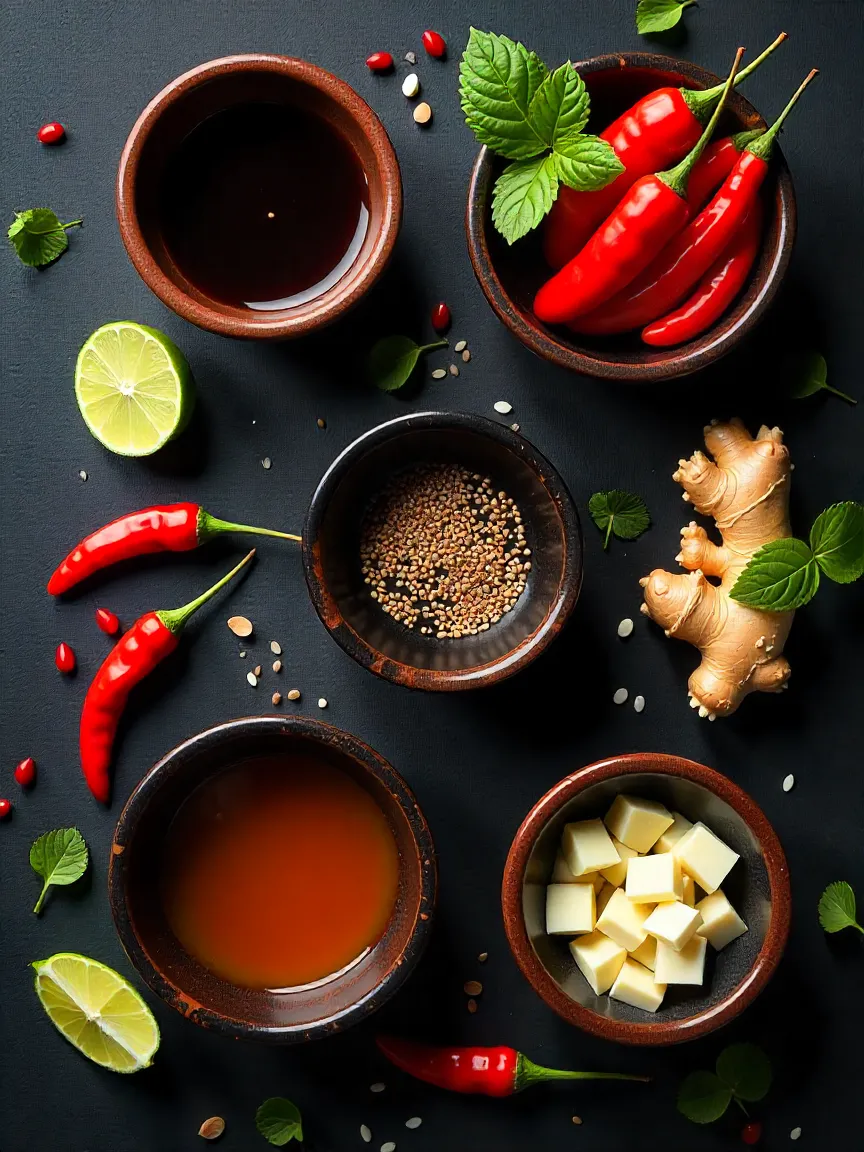 Asian-inspired marinade ingredients including soy sauce, rice vinegar, sesame oil, garlic, ginger, and chili peppers.