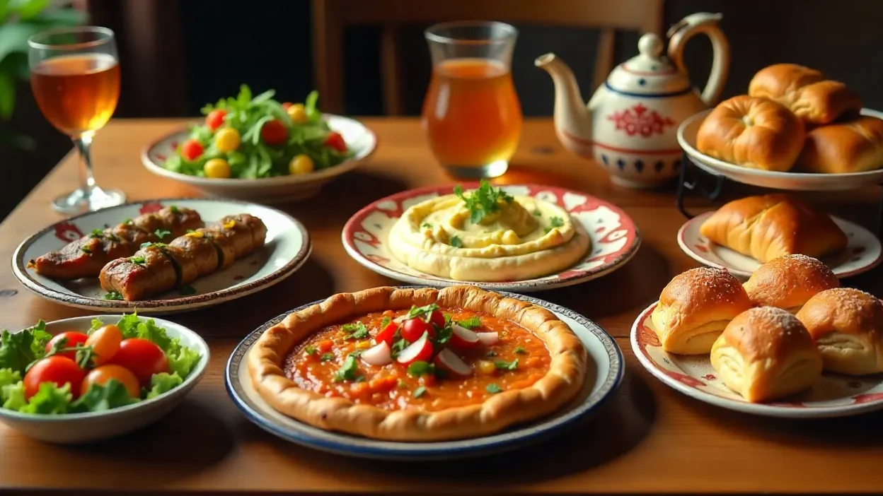 Traditional Turkish food spread with kebabs, meze, simit bread, baklava, salads, and Turkish tea served on a rustic wooden table with colorful textiles.