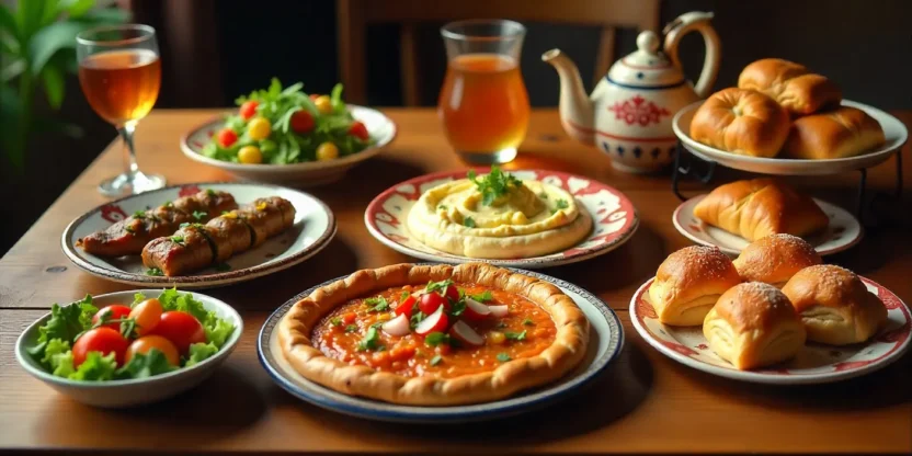 Traditional Turkish food spread with kebabs, meze, simit bread, baklava, salads, and Turkish tea served on a rustic wooden table with colorful textiles.
