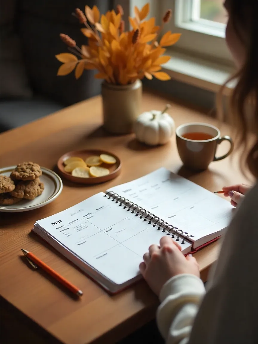 Woman creating a structured fitness routine for autumn with a planner, healthy snacks, and a fitness app on her phone.