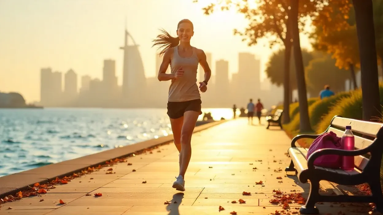 Woman jogging outdoors in Dubai during autumn with fitness gear and healthy lifestyle elements in a bright, motivating setting.