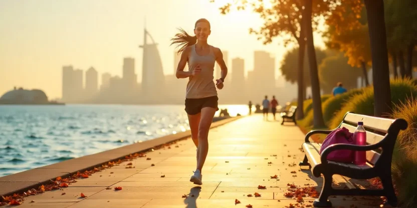 Woman jogging outdoors in Dubai during autumn with fitness gear and healthy lifestyle elements in a bright, motivating setting.