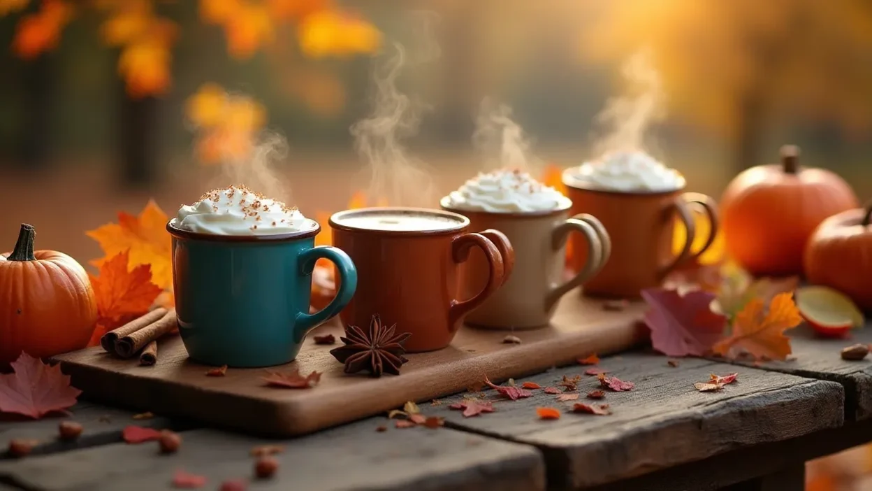 Cozy autumn drinks with pumpkins, leaves, and spices on a rustic table.