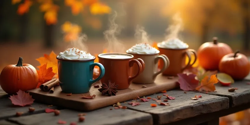 Cozy autumn drinks with pumpkins, leaves, and spices on a rustic table.