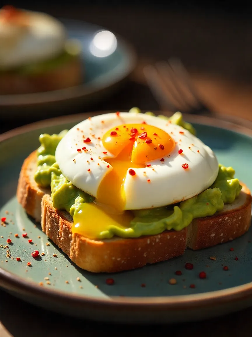 Avocado toast with poached egg, runny yolk, and chili flakes on sourdough bread.
