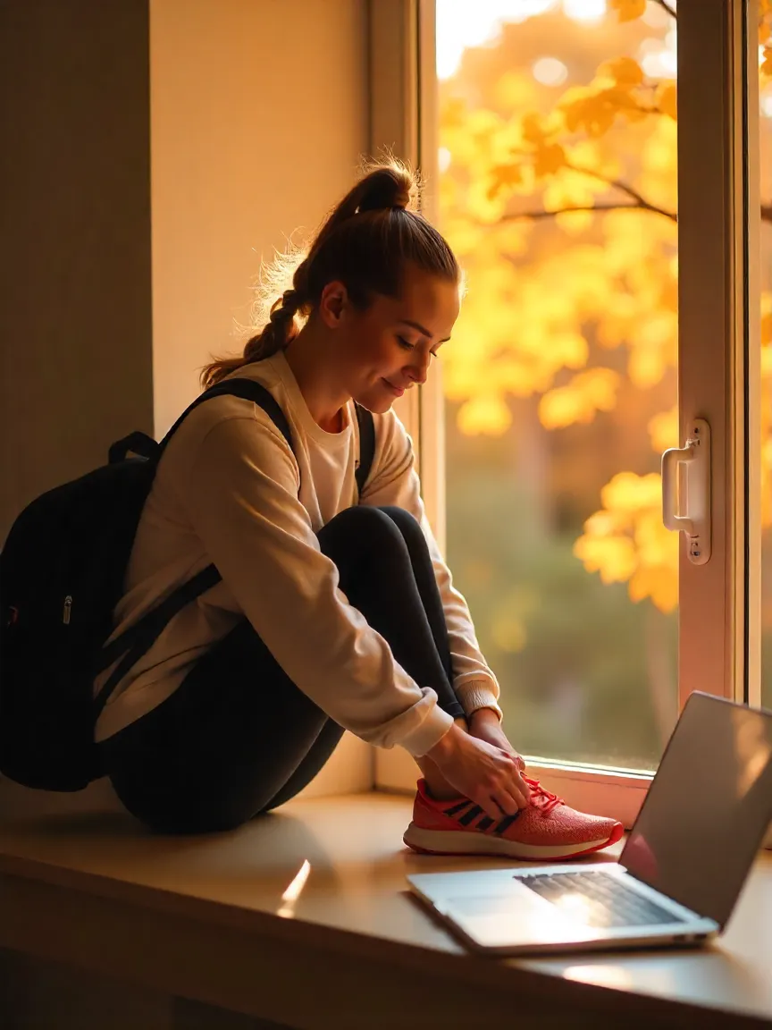 Woman preparing for a workout at home during autumn, representing a fresh start and back-to-school motivation for adults.